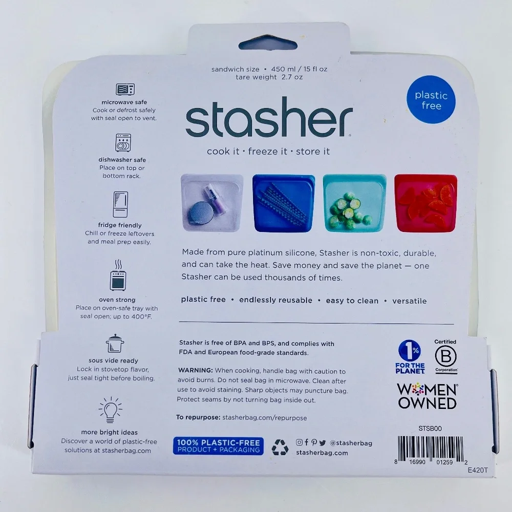 Stasher Silicone Reusable Food Bag Clear Sandwich Size 7 x 7.5 x 1 inch New!